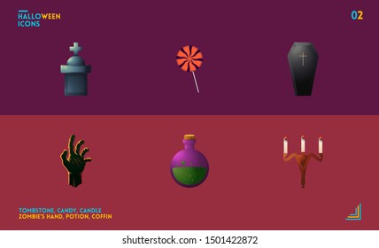 Halloween Icon Pack No. 2: Tombstone, Candy, Coffin, Zombie Hand, Potion, Candle
