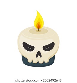 Halloween icon of pirate skull, candle with fire. Cute skeleton head bones as wax candlelight for Halloween decoration. Creepy ghost skull with burning wick, vector cartoon illustration