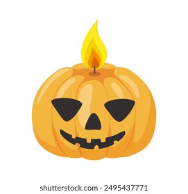 Halloween icon of pumpkin candle with scary face silhouette and fire. Spooky candlelight in shape of Halloween character, orange pumpkin Jack with smile, vector illustration isolated on white