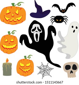 Halloween icon. Halloween pumpkin, ghost, skull, spider and bat vector illustration. halloween sign