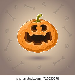 Halloween icon. Pumpkin for halloween. Vector illustration. Smile icon. Good mood. Autumn symbol. Scary pumpkin with smile. Cartoon character. Positive emoji. Bone backdrop. Halloween background.