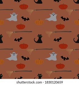 Halloween Symbol nahtloses Muster, Katze, Pupkins, Spinne, Geist, Fledermaus.
Ideal für Textilien, Gewebe, Scrapbooking, Umhüllungspapier, halloween Hintergrund.