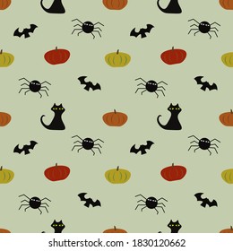 Halloween Symbol nahtloses Muster, Katze, Pupkins, Spinne, Geist, Fledermaus.
Ideal für Textilien, Gewebe, Scrapbooking, Umhüllungspapier, halloween Hintergrund.