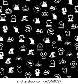 Halloween icon series in black and white. Seamless pattern. Background vector illustration.