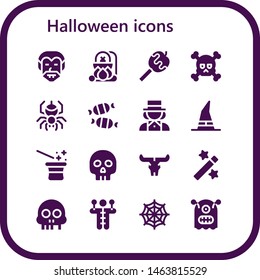 halloween icon set. 16 filled halloween icons.  Simple modern icons about  - Dracula, Cauldron, Caramelized apple, Skull, Spider, Candy, Magician, Witch, Yorick, Magic, Voodoo doll