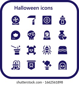 conjunto de iconos de Halloween. 16 íconos rellenos de Halloween.  Iconos modernos sencillos, como: Balón de cristal, Scythe, Candy, Ossuary, Fall, Skull, Teleoperadora, Love potion, Magician, Spider, Cauldron