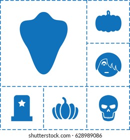 Halloween icon. set of 6 halloween filled icons such as pumpkin, animal fang, emo emot, skull