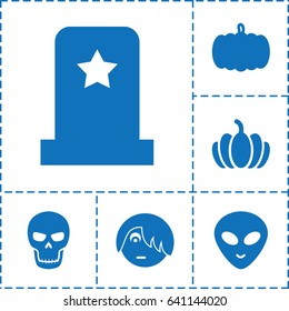 Halloween icon. set of 6 halloween filled icons such as pumpkin, emo emot, alien head, skull