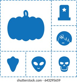 Halloween icon. set of 6 halloween filled icons such as pumpkin, animal fang, emo emot, alien head, skull