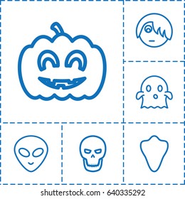 Halloween icon. set of 6 halloween outline icons such as animal fang, pumpkin haloween, skull, emo emot, ghost