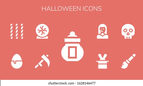 halloween icon set. 9 filled halloween icons.  Simple modern icons such as: Ossuary, Scythe, Crystal ball, Candy, Broomstick, Yorick, Magician, Teleoperator