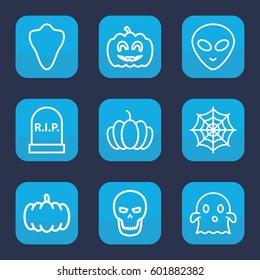 halloween icon. Set of 9 outline halloween icons such as animal fang, pumpkin, spider web, pumpkin haloween, skull, headstone, ghost