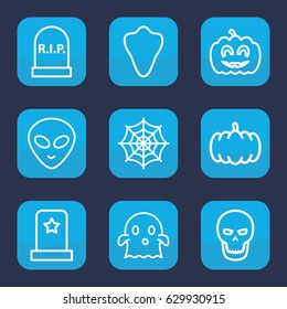 Halloween icon. set of 9 outline halloween icons such as animal fang, pumpkin, spider web, pumpkin haloween, skull, headstone, ghost