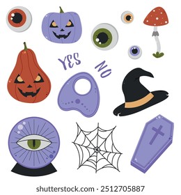 halloween icon set, autumn holidays, pumpkins, eyes, hat, mushroom etc