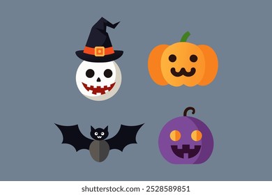 Halloween icon set. Bat, Ghost spirit, Black cat, pumpkin with face. Cute cartoon characters. Violet background. Isolated Vector