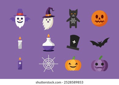 Halloween icon set. Bat, Ghost spirit, Black cat, pumpkin with face. Cute cartoon characters. Violet background. Isolated Vector