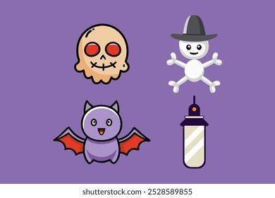 Halloween icon set. Bat, Ghost spirit, Black cat, pumpkin with face. Cute cartoon characters. Violet background. Isolated Vector