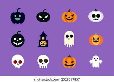 Halloween icon set. Bat, Ghost spirit, Black cat, pumpkin with face. Cute cartoon characters. Violet background. Isolated Vector