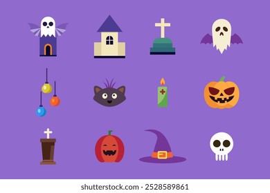 Halloween icon set. Bat, Ghost spirit, Black cat, pumpkin with face. Cute cartoon characters. Violet background. Isolated Vector