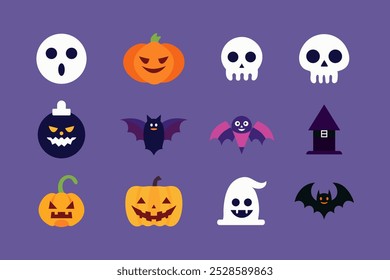 Halloween icon set. Bat, Ghost spirit, Black cat, pumpkin with face. Cute cartoon characters. Violet background. Isolated Vector