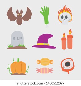 Halloween icon set. bat, hand, skull, eye ball, candy, pumpkin, hat, grave, candle