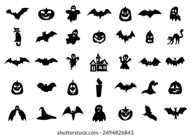 Halloween icon set. Halloween black silhouette icon set. Halloween pumpkins of 35 Halloween icon collection. Vector illustration. eps 10