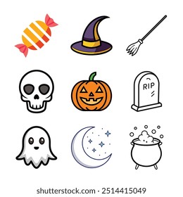 Halloween Icon Set: Bubbling Cauldron, Ghost, Pumpkin, Witch Hat, Skull, Gravestone, Broomstick, Candy and Crescent Moon for App, Website, and Graphic Design