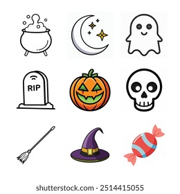 Halloween Icon Set: Bubbling Cauldron, Ghost, Pumpkin, Witch Hat, Skull, Gravestone, Broomstick, Candy and Crescent Moon for App, Website, and Graphic Design