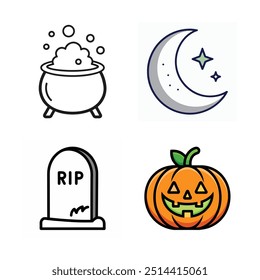 Halloween Icon Set: Bubbling Cauldron, Ghost, Pumpkin, Witch Hat, Skull, Gravestone, Broomstick, Candy and Crescent Moon for App, Website, and Graphic Design