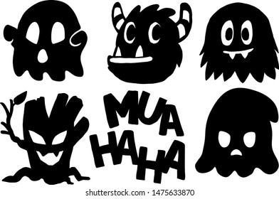 Halloween icon set in cartoon and high contrast style: a ghost, a horned monster, a furry monster, a tree monster, a creepy laugh expression, and a bad ghost.