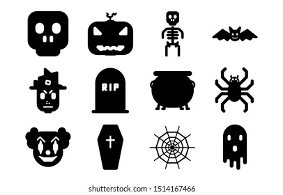 Halloween icon set, Cartoon halloween icons collection, 12 symbols, isolated vector clipart, skull, witch, evil clown, pumpkin, tombstone, coffin, skeleton, cauldron, web, bat, spider, ghost