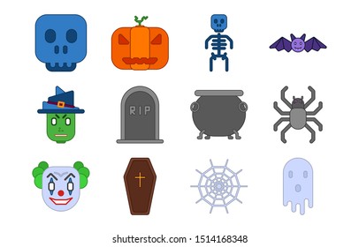 Halloween icon set, Cartoon halloween icons collection, 12 symbols, isolated vector clipart, skull, witch, evil clown, pumpkin, tombstone, coffin, skeleton, cauldron, web, bat, spider, ghost