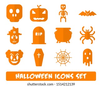 Halloween icon set, Cartoon halloween icons collection, 12 symbols, isolated vector clipart, skull, witch, evil clown, pumpkin, tombstone, coffin, skeleton, cauldron, web, bat, spider, ghost