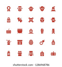 halloween icon set. Collection of 25 filled halloween icons included Pumpkin, Poison, Magician, Magic, Gallows, Funeral, Gummy bear, Coffin, Tombstone, Cauldron, Skull, Voodoo