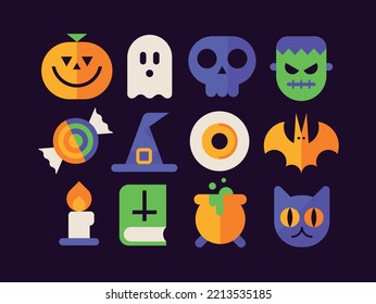 Halloween icon set. Collection of flat vector illustrations with pumpkin, ghost, skull, Frankenstein monster, cauldron, black cat, candy, witch hat, eye, bat, candle, grimoire.