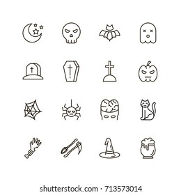 Halloween icon set. Collection of party line icons. High quality logos of ghost, horror, pumpkin on white background. Pack of symbols for design website, mobile app, printed material, etc.