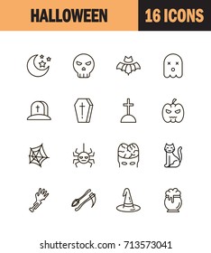 Halloween icon set. Collection of party line icons. High quality logos of ghost, horror, pumpkin on white background. Pack of symbols for design website, mobile app, printed material, etc.