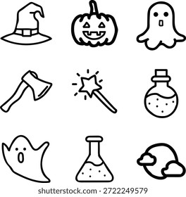 Conjunto de iconos de Halloween. Contiene calabaza, fantasma, vampiro, momia, Frankenstein, araña, cráneo, hueso, murciélago, gato, bruja, cementerio, dulces y más. Iconos de línea editables. Ilustración vectorial.