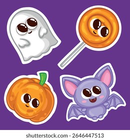 Ícone de Halloween definido. Fantasma de desenho animado bonito, abóbora, morcego, doce. Ilustração vetorial