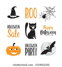 Halloween icon set. Cute Halloween characters, attributes and lettering. Can be used for poster, greeting card, decoration, invitation. Vector illustration
