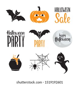 Halloween icon set. Cute Halloween characters, attributes and lettering. Can be used for poster, greeting card, decoration, invitation. Vector illustration
