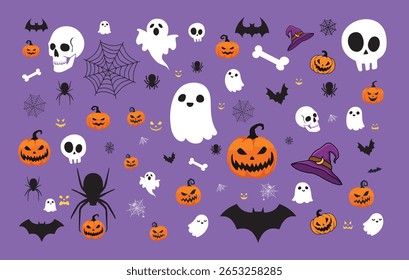 Conjunto de ícones de Halloween, Bonito conjunto de ícones de Halloween com fantasmas, abóboras, aranhas, morcegos no fundo roxo, fantasma abóbora morcego aranha, arte vetorial desenhos de Halloween