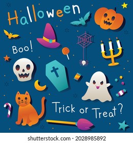 Halloween Icon Set Cute Gradient Style Decoration Element Symbol Vector Illustration, Ghost,  Bat, Cat, Hat, Pumpkin, Skull, Candlestick, Candy, Lollipop, Spiderweb, Coffin, Moon, Star.
