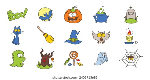 Halloween icon set. Doodle illustrations of Halloween symbols such as pumpkin, ghost, bat, black cat, sweets etc. isolated on a white background. Vector 10 EPS.