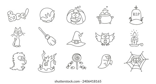 Halloween icon set. Doodle illustrations of Halloween symbols such as pumpkin, ghost, bat, black cat, sweets etc. isolated on a white background. Vector 10 EPS.
