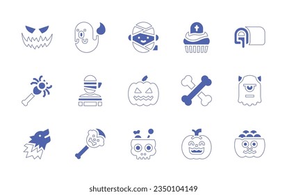 Halloween icon set. Duotone style line stroke and bold. Vector illustration. Containing spooky, ghost, mummy, halloween candy, pumpkin, bones, monster, wolf, halloween party.
