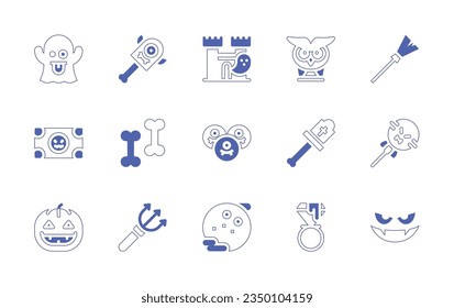 Halloween icon set. Duotone style line stroke and bold. Vector illustration. Containing ghost, halloween candy, castle, owl, magic broom, money, lollipop, pumpkin, trident, full moon, spooky.