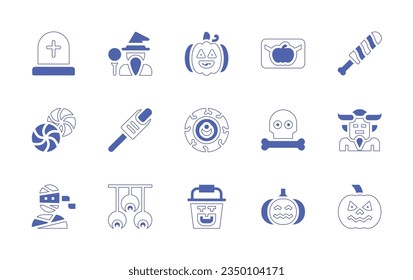 Halloween icon set. Duotone style line stroke and bold. Vector illustration. Containing tombstone, wizard, halloween, mail, halloween candy, candies, skull, demon, mummy.