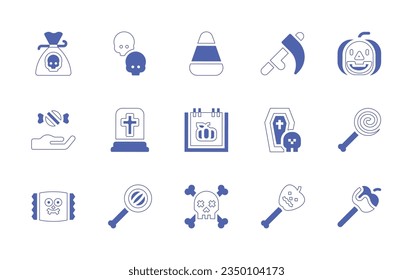 Halloween icon set. Duotone style line stroke and bold. Vector illustration. Containing halloween candy, candy corn, scythe, halloween, trick or treat, tombstone, skull.