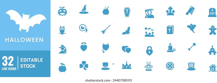 Halloween Icon set Editable Stroke.	

